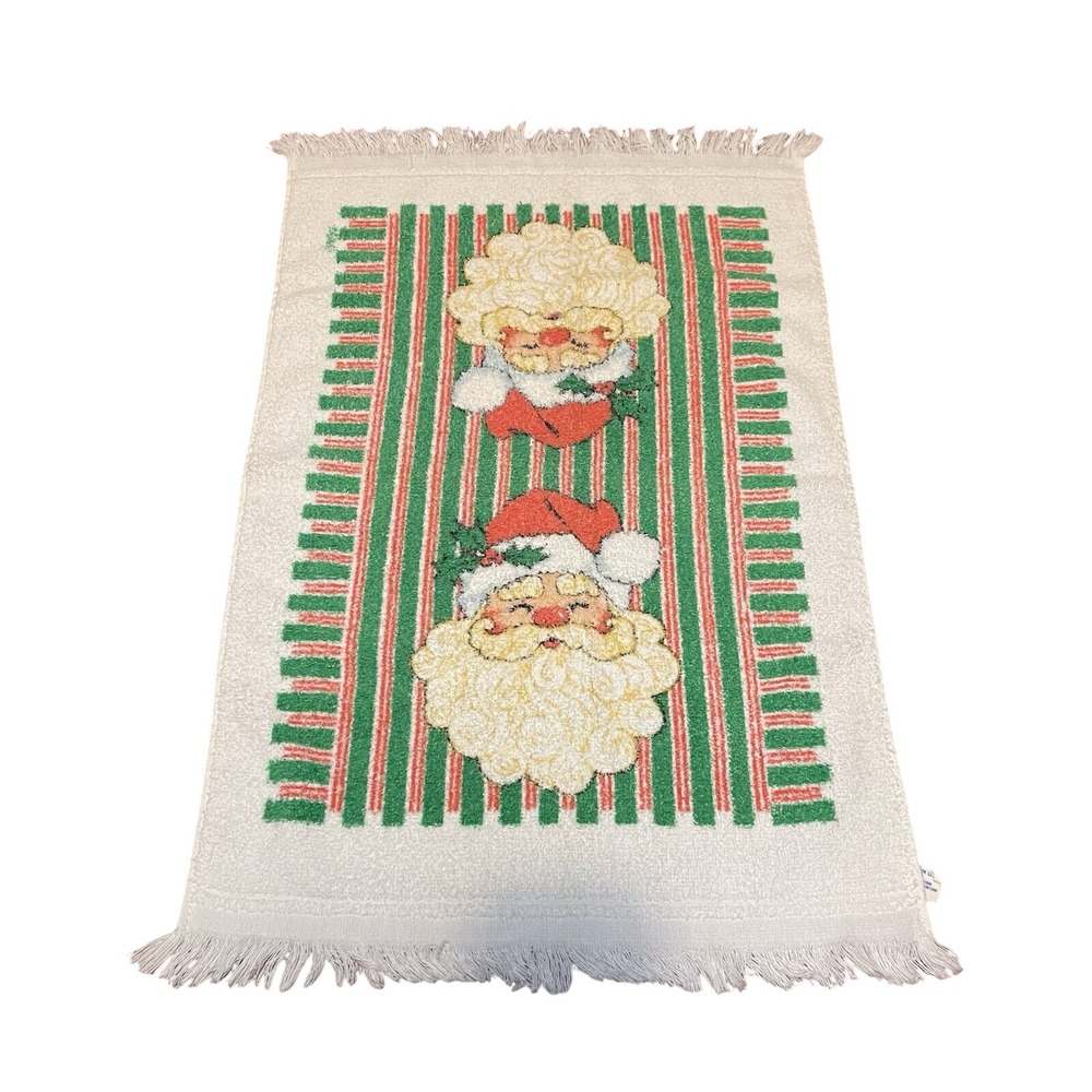 Vintage Santa Christmas candy stripe hand towel green red USA MCM Cotton